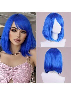 Royal Blue Short Straight Bob Wig with 12-inch Bangs, Suitable for Daily Wear